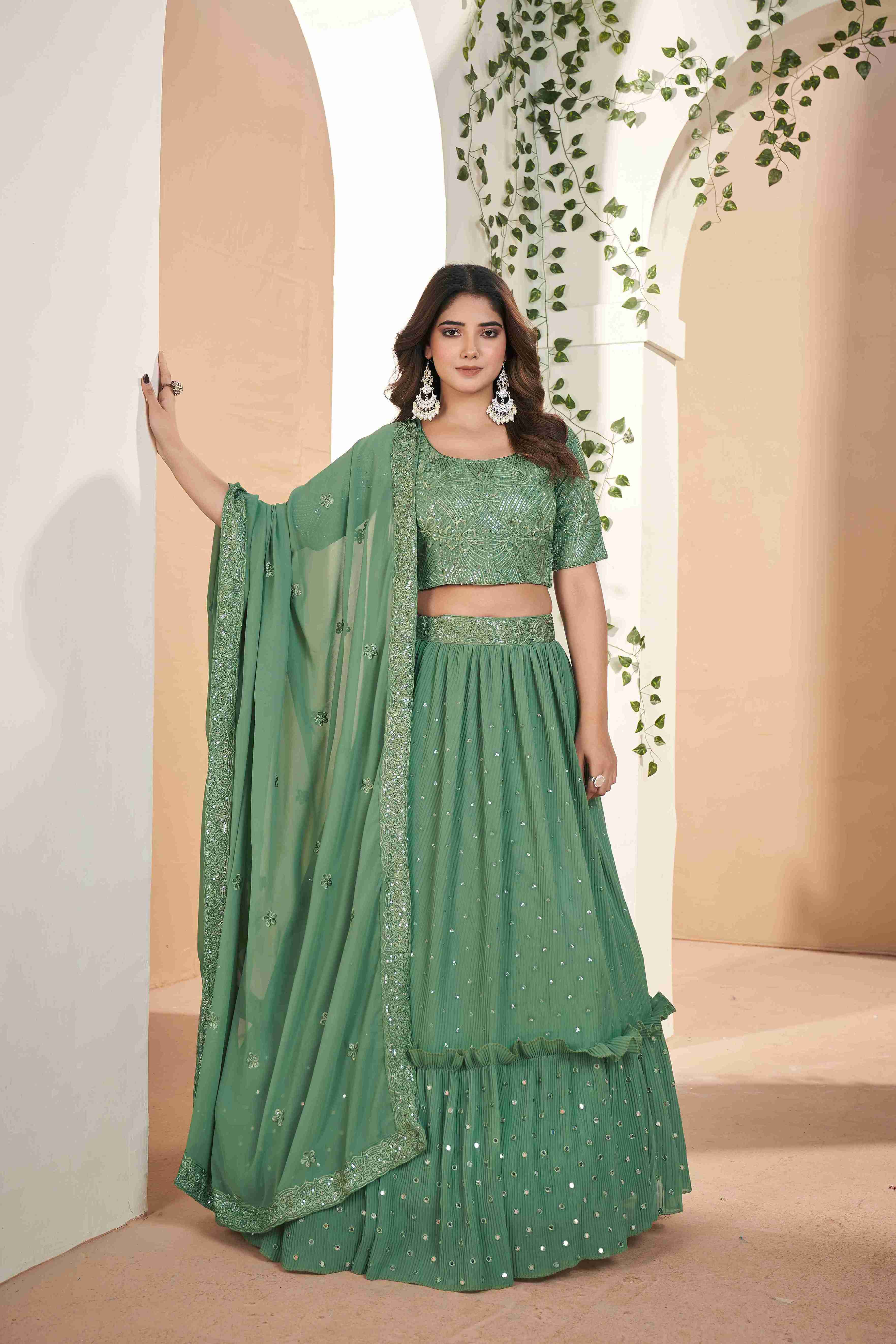 Green Faux Georgette Sequins Embroidered Lehenga Choli