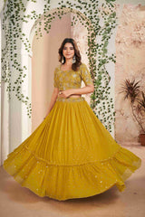 Mustard Faux Georgette Sequins Embroidered Lehenga Choli