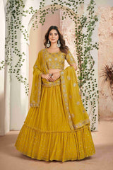 Mustard Faux Georgette Sequins Embroidered Lehenga Choli