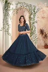 Blue Faux Georgette Sequins Embroidered Lehenga Choli