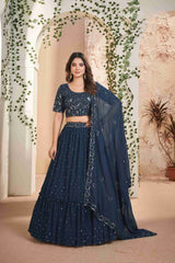 Blue Faux Georgette Sequins Embroidered Lehenga Choli