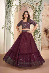 Maroon Faux Georgette Sequins Embroidered Lehenga Choli