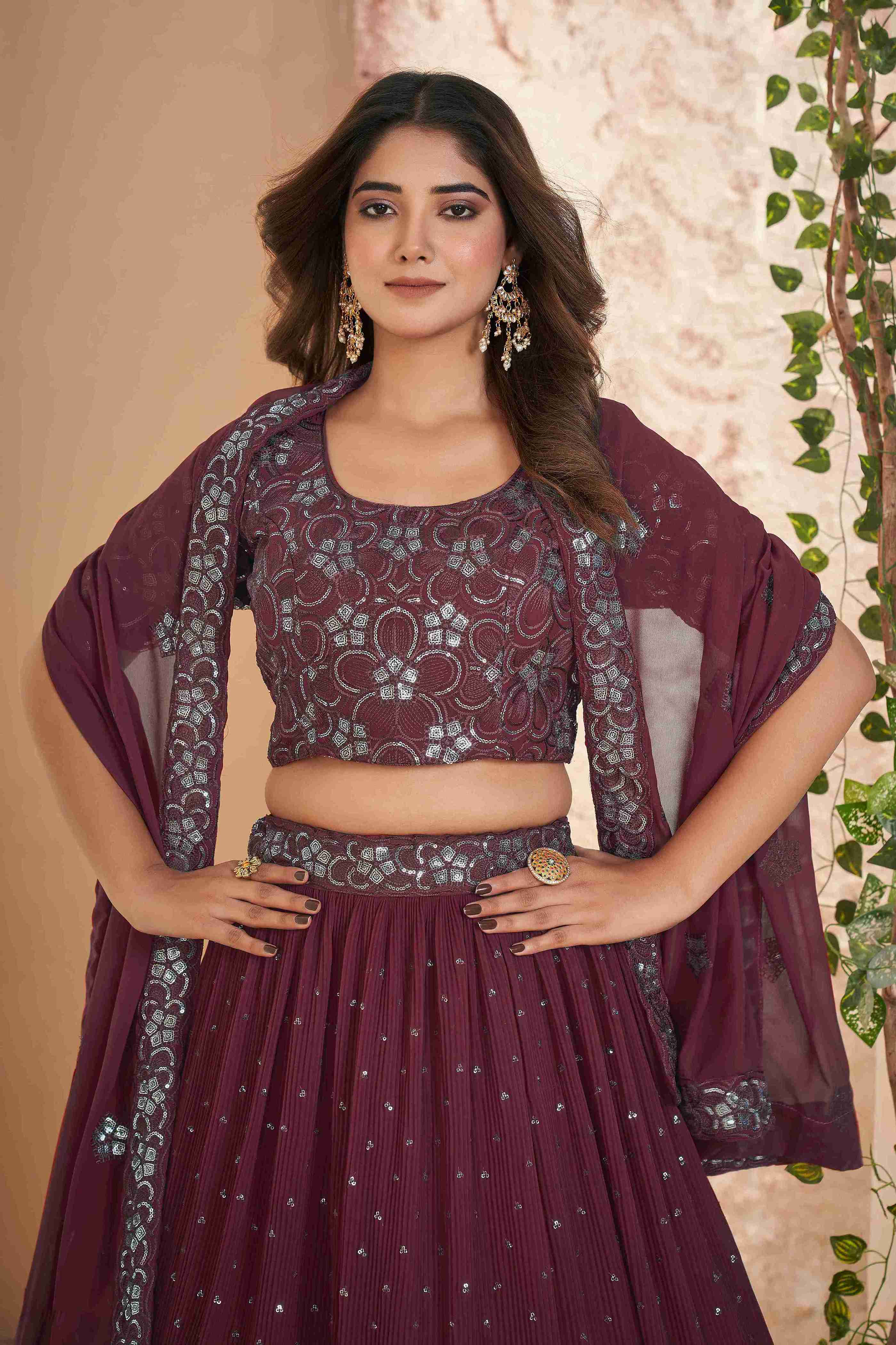 Maroon Faux Georgette Sequins Embroidered Lehenga Choli