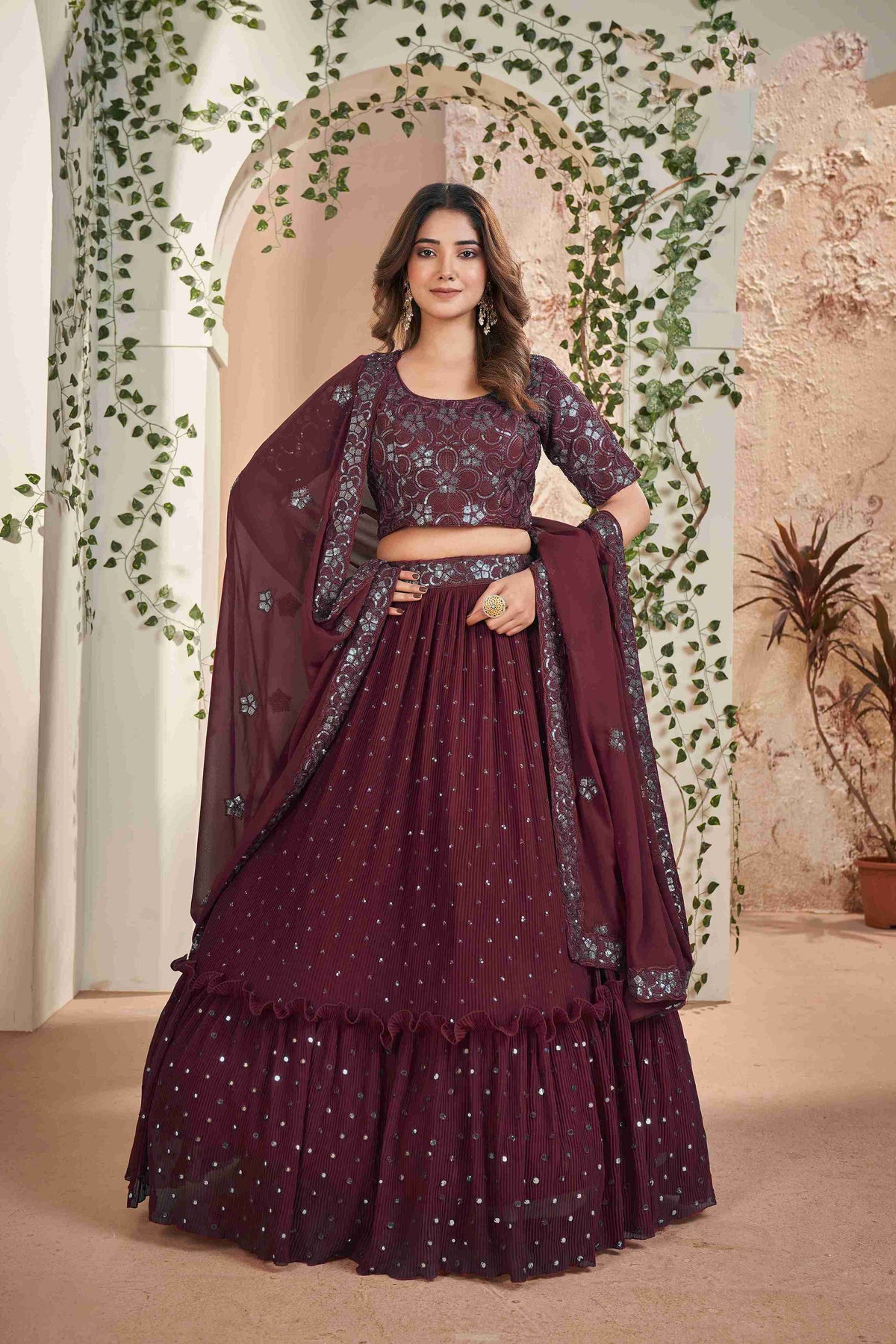 Maroon Faux Georgette Sequins Embroidered Lehenga Choli