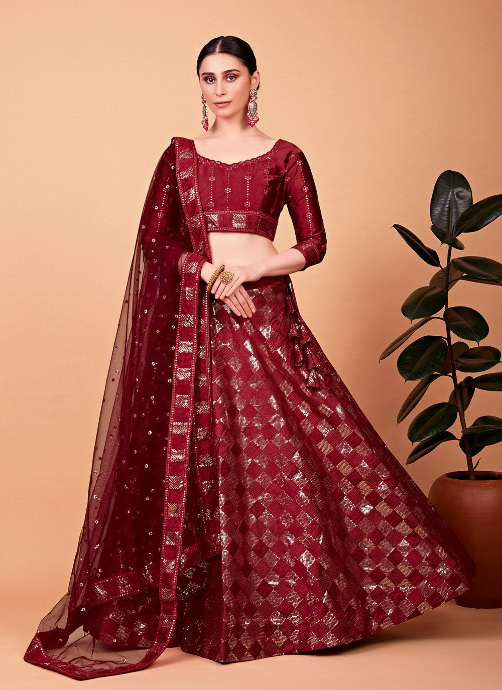 Red Silk Sequins Embroidered Lehenga Choli