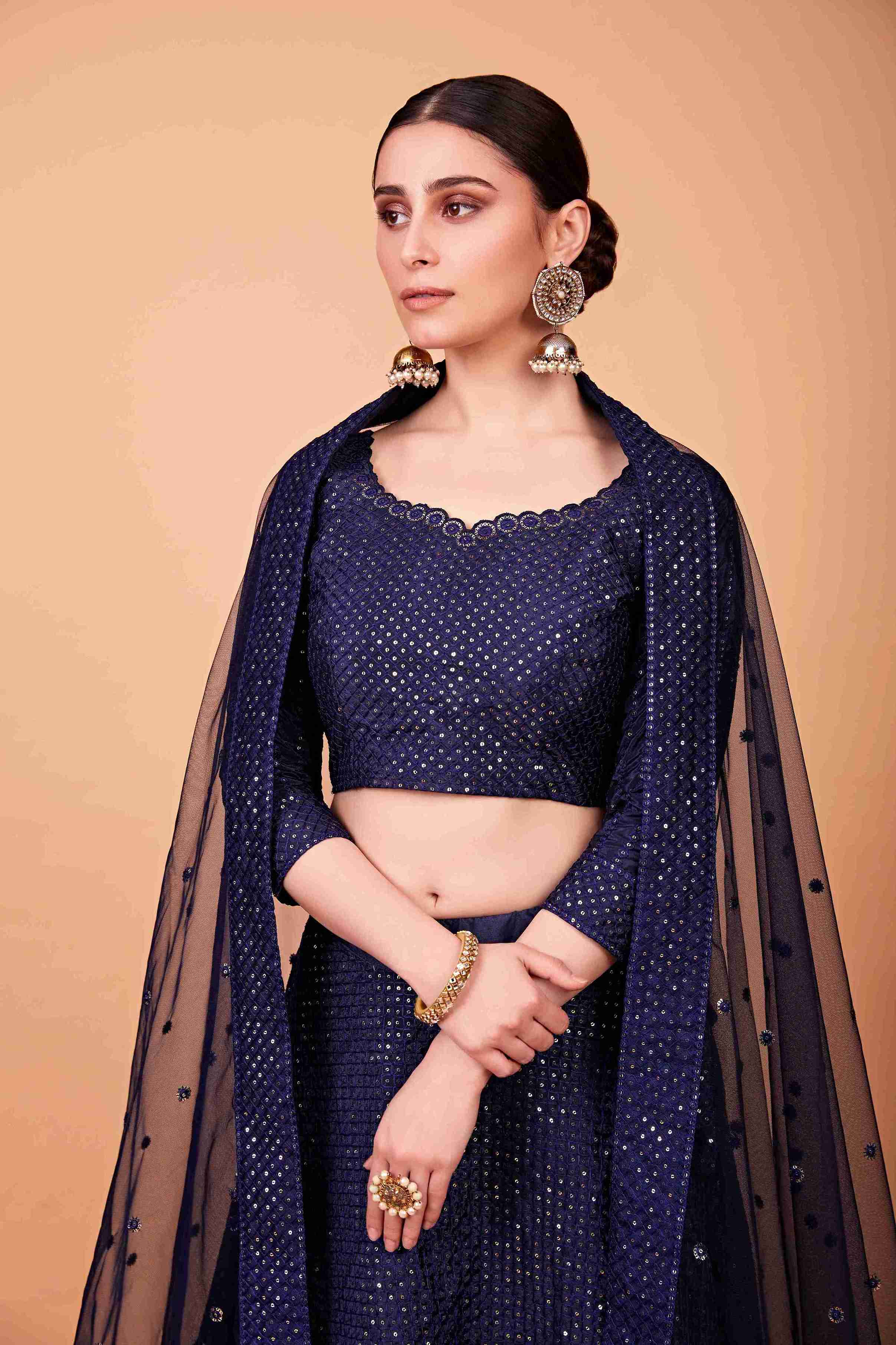 Navy Blue Silk Sequins Embroidered Lehenga Choli