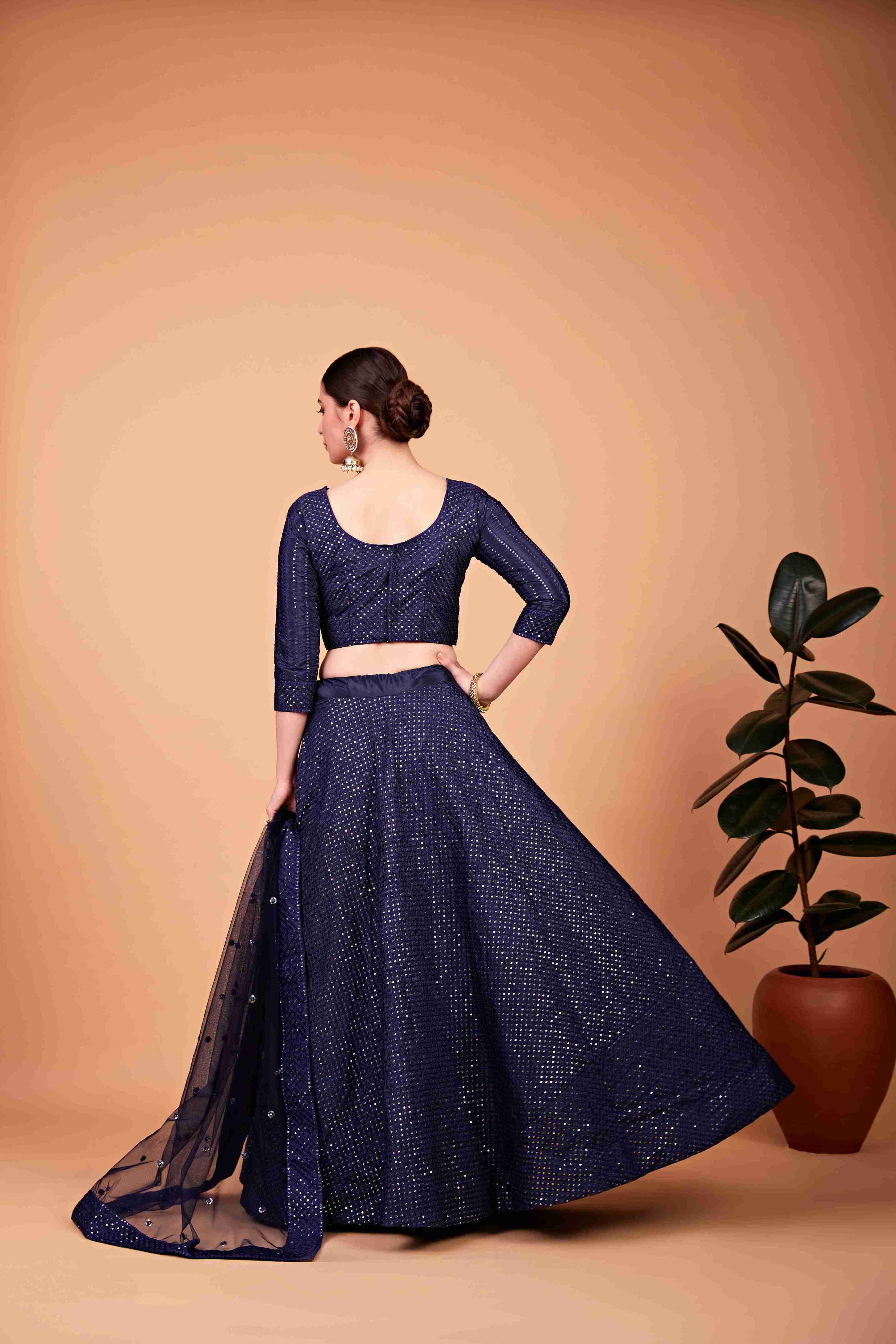 Navy Blue Silk Sequins Embroidered Lehenga Choli