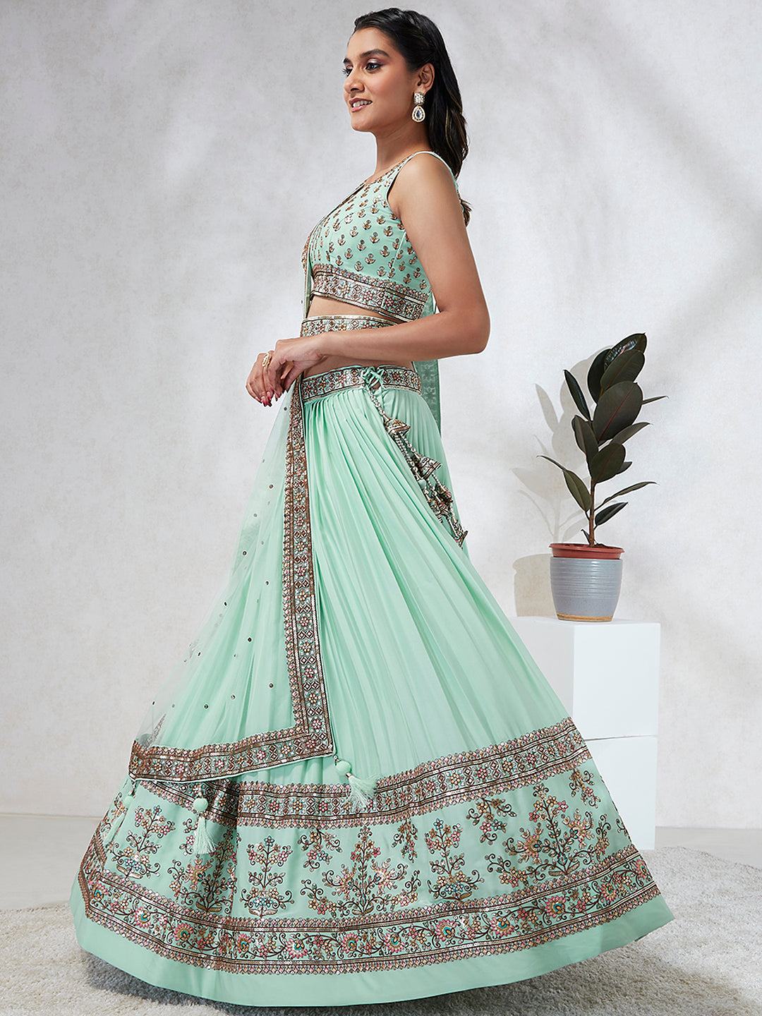 Sea Green Georgette Sequins Embroidered Lehenga Choli