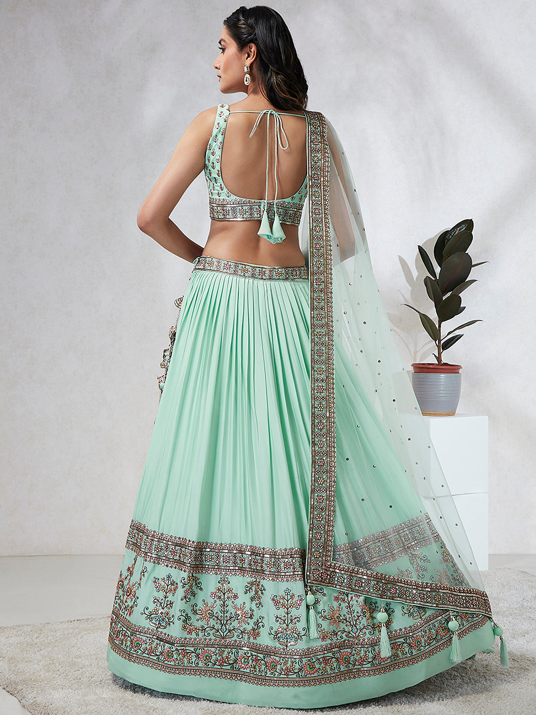 Sea Green Georgette Sequins Embroidered Lehenga Choli