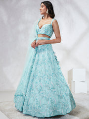 Turquoise Blue Georgette Sequins Embroidered Lehenga Choli