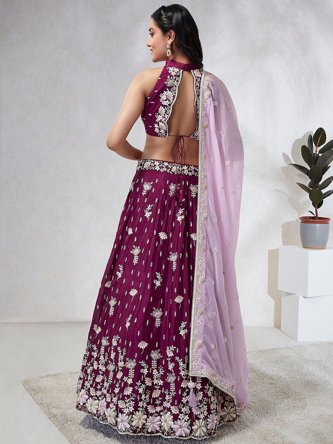 Burgundy Georgette Sequins Embroidered Lehenga Choli