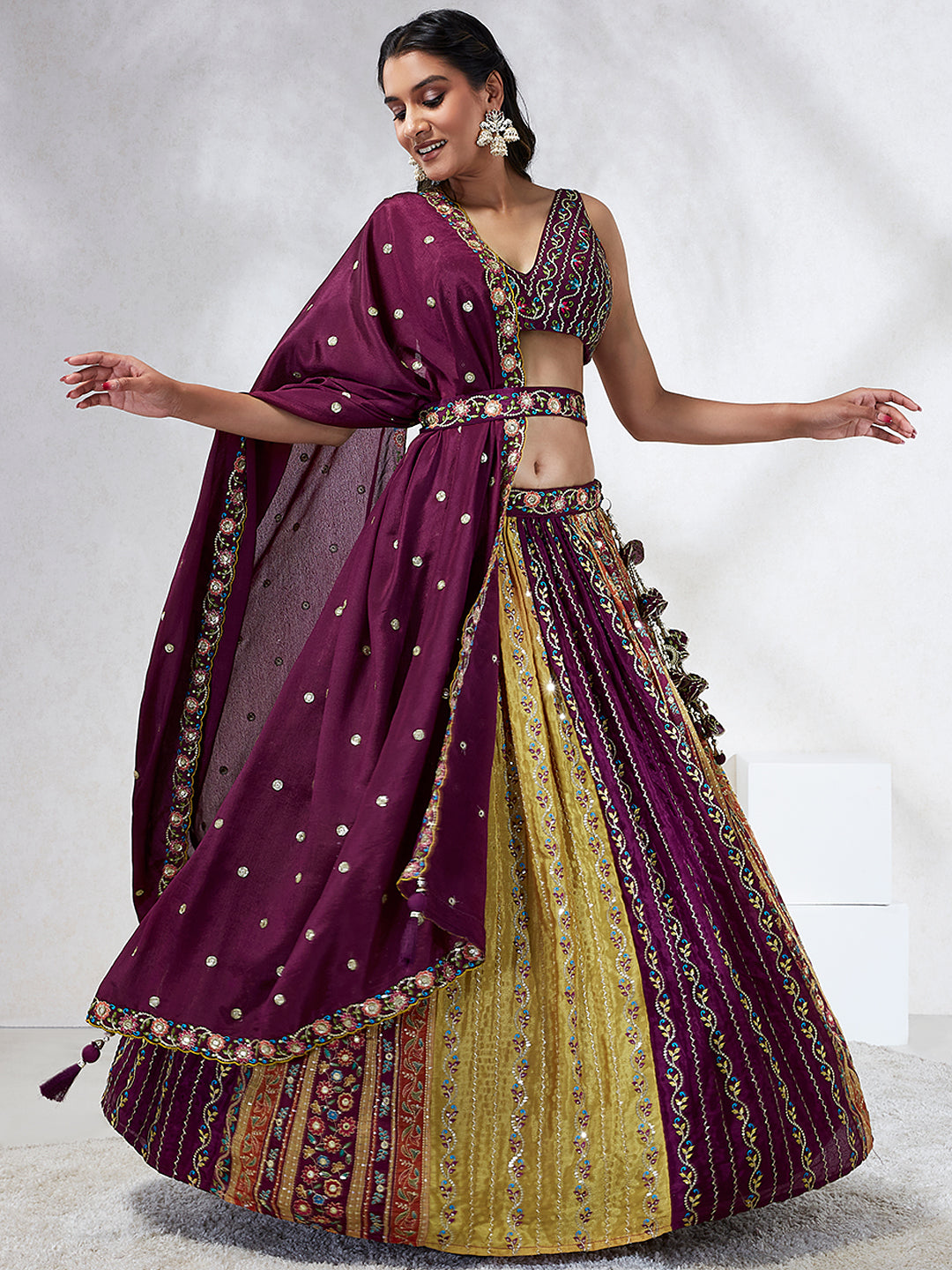 Elina Fashion Burgundy color Silk Chiffon Embroidery Work Lehenga Choli for Women