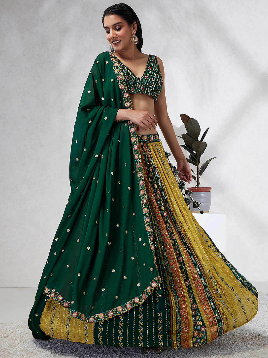 Elina Fashion Green color Silk Chiffon Embroidery Work Lehenga Choli for Women