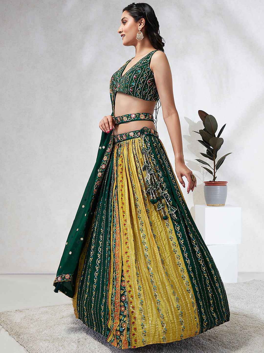 Elina Fashion Green color Silk Chiffon Embroidery Work Lehenga Choli for Women