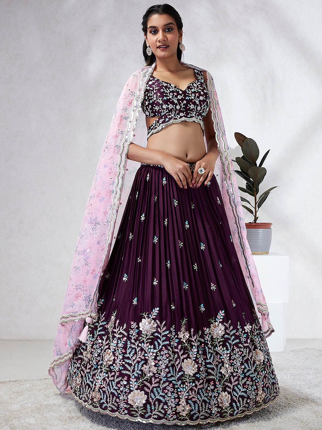 Elina Fashion Burgundy color Georgette Embroidery Work Lehenga Choli for Women