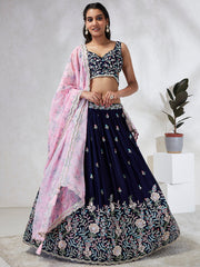 Elina Fashion Navy Blue color Georgette Embroidery Work Lehenga Choli for Women