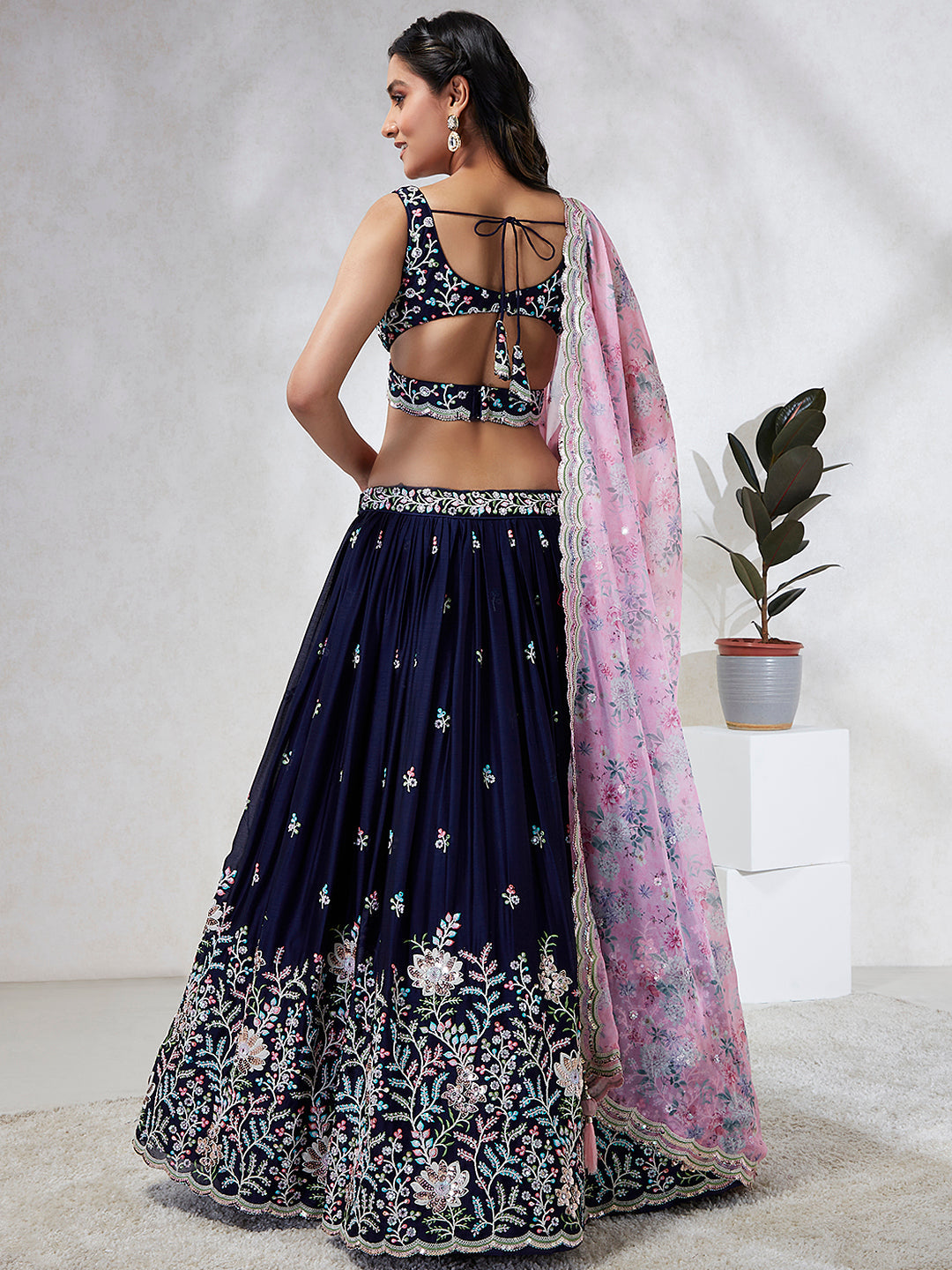 Elina Fashion Navy Blue color Georgette Embroidery Work Lehenga Choli for Women