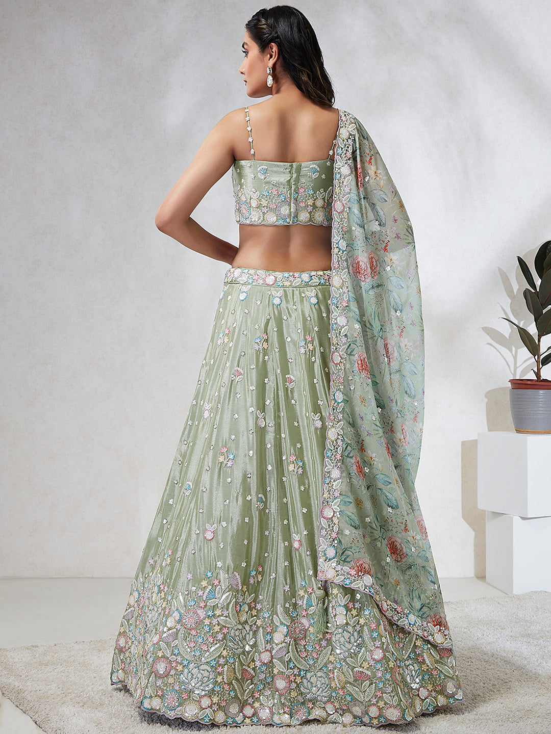 Elina Fashion Light Green color Silk Chiffon Embroidery Work  Lehenga Choli for Women