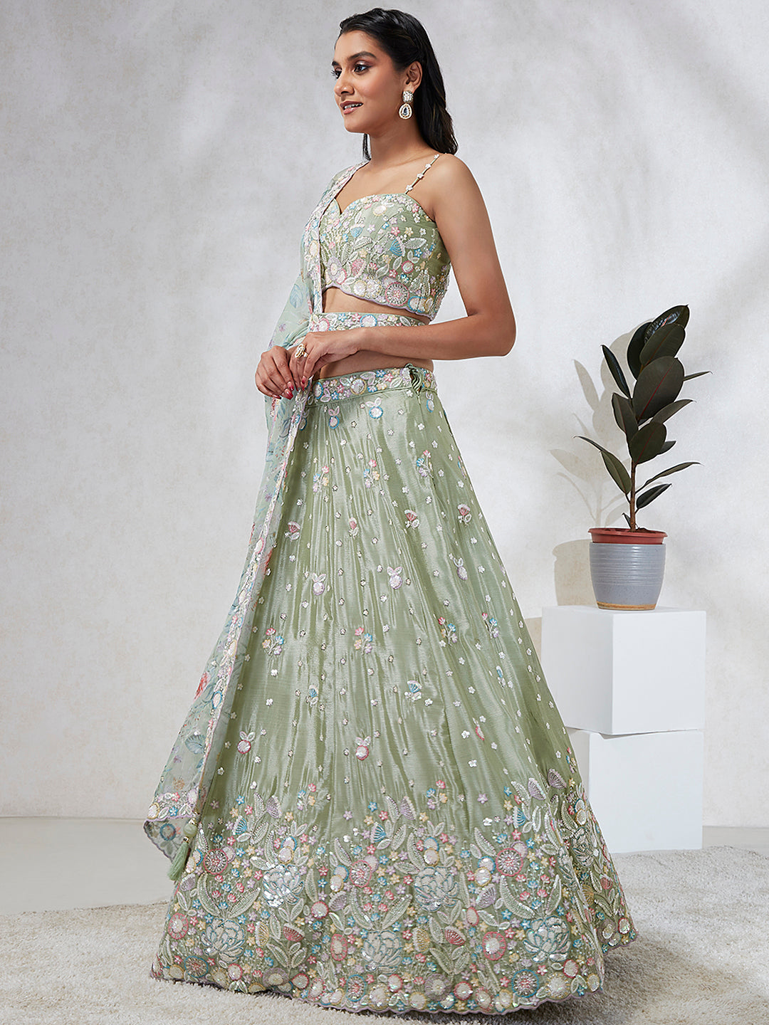 Elina Fashion Light Green color Silk Chiffon Embroidery Work  Lehenga Choli for Women