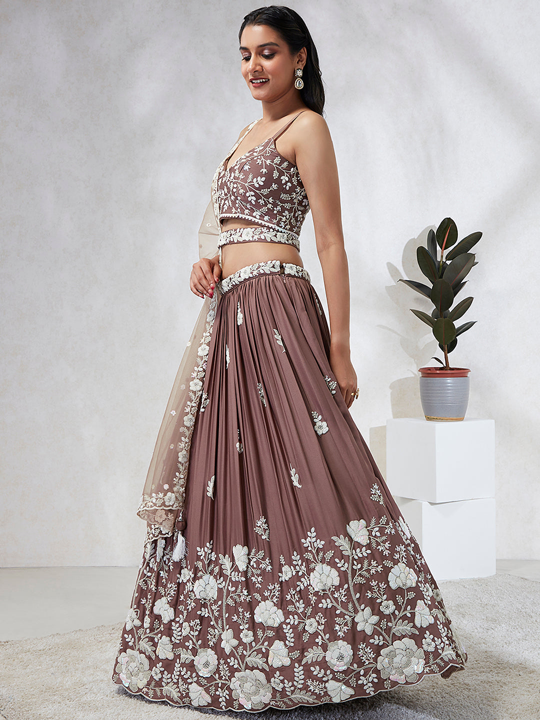 Elina Fashion Rose Gold color Georgette Embroidery Work Lehenga Choli for Women