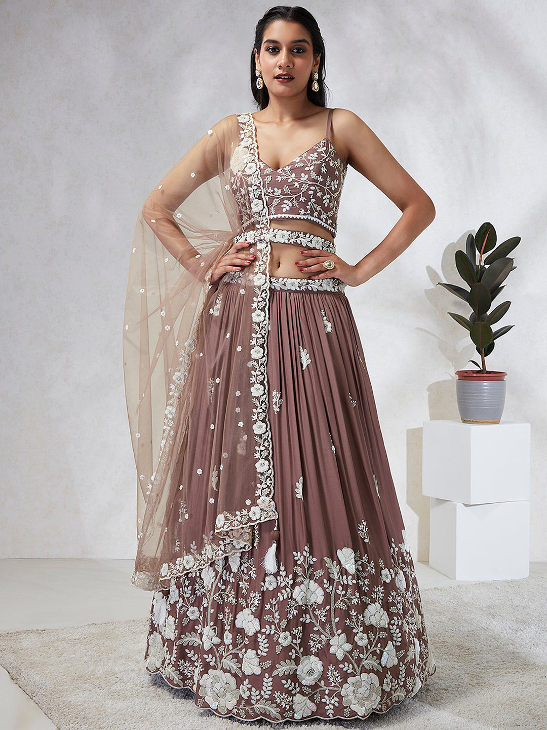 Elina Fashion Rose Gold color Georgette Embroidery Work Lehenga Choli for Women