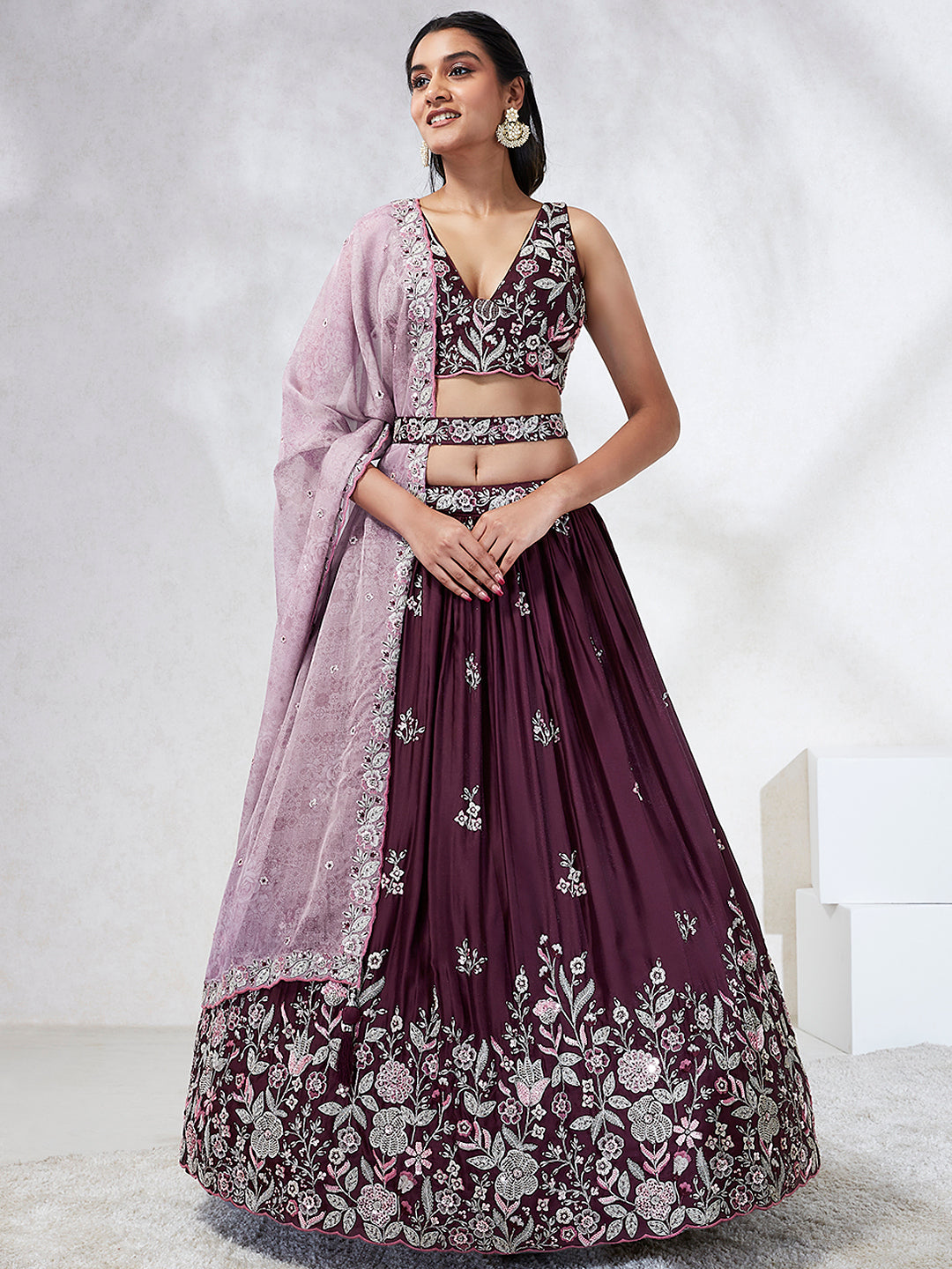 Elina Fashion Burgundy color Georgette Embroidery Work Lehenga Choli for Women