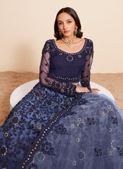 Blue Net Embroidered Lehenga Choli