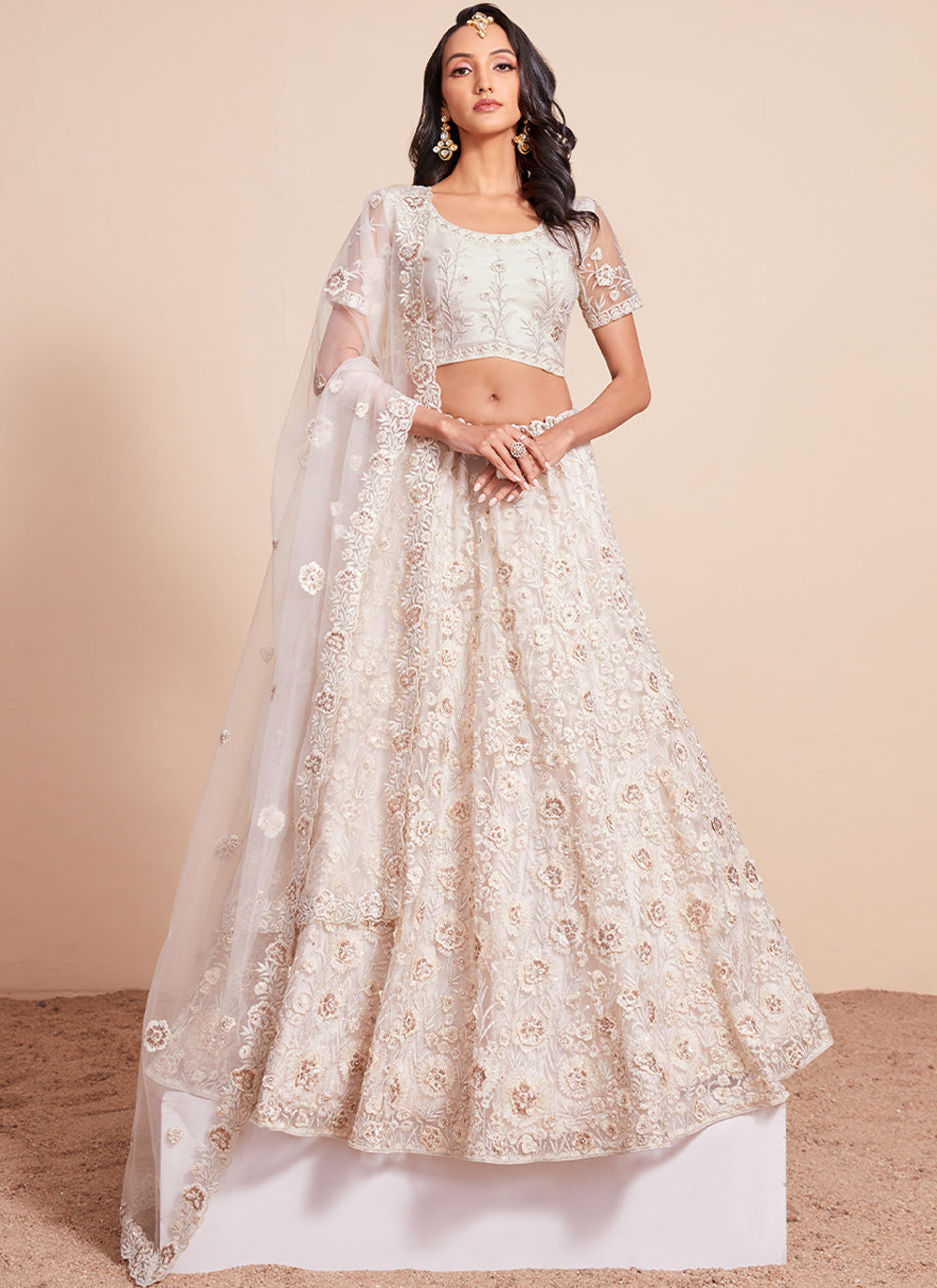 Off White Net Embroidered Lehenga Choli