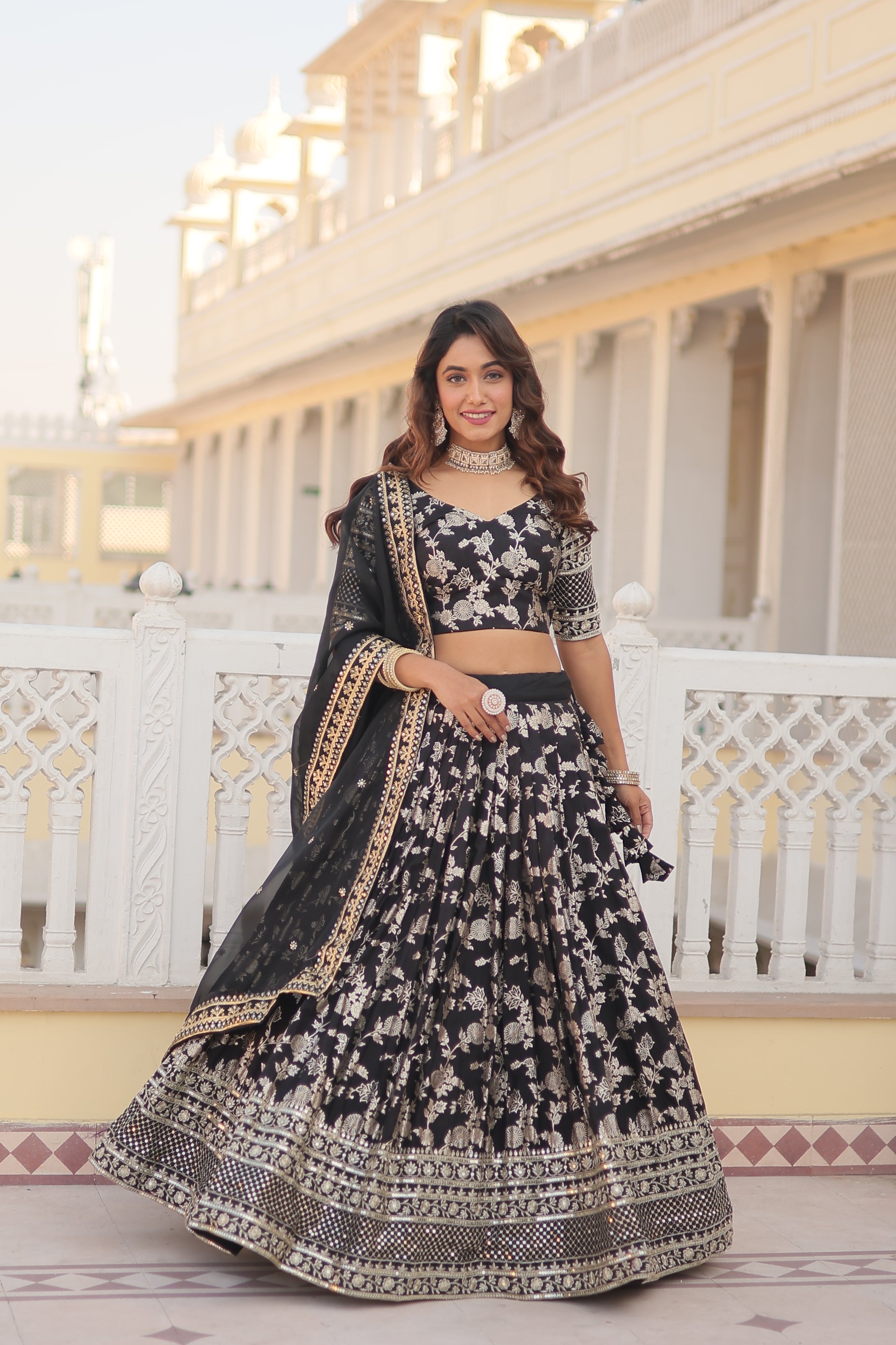 Black Viscose Jacquard Sequins Embroidered Lehenga Choli