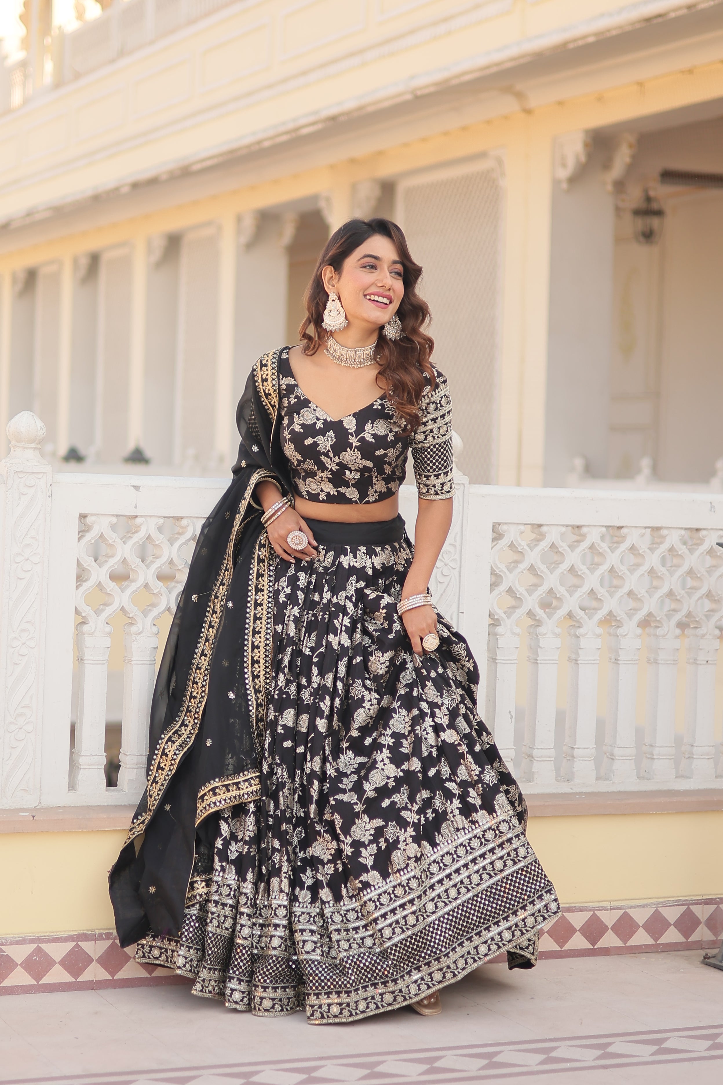 Black Viscose Jacquard Sequins Embroidered Lehenga Choli