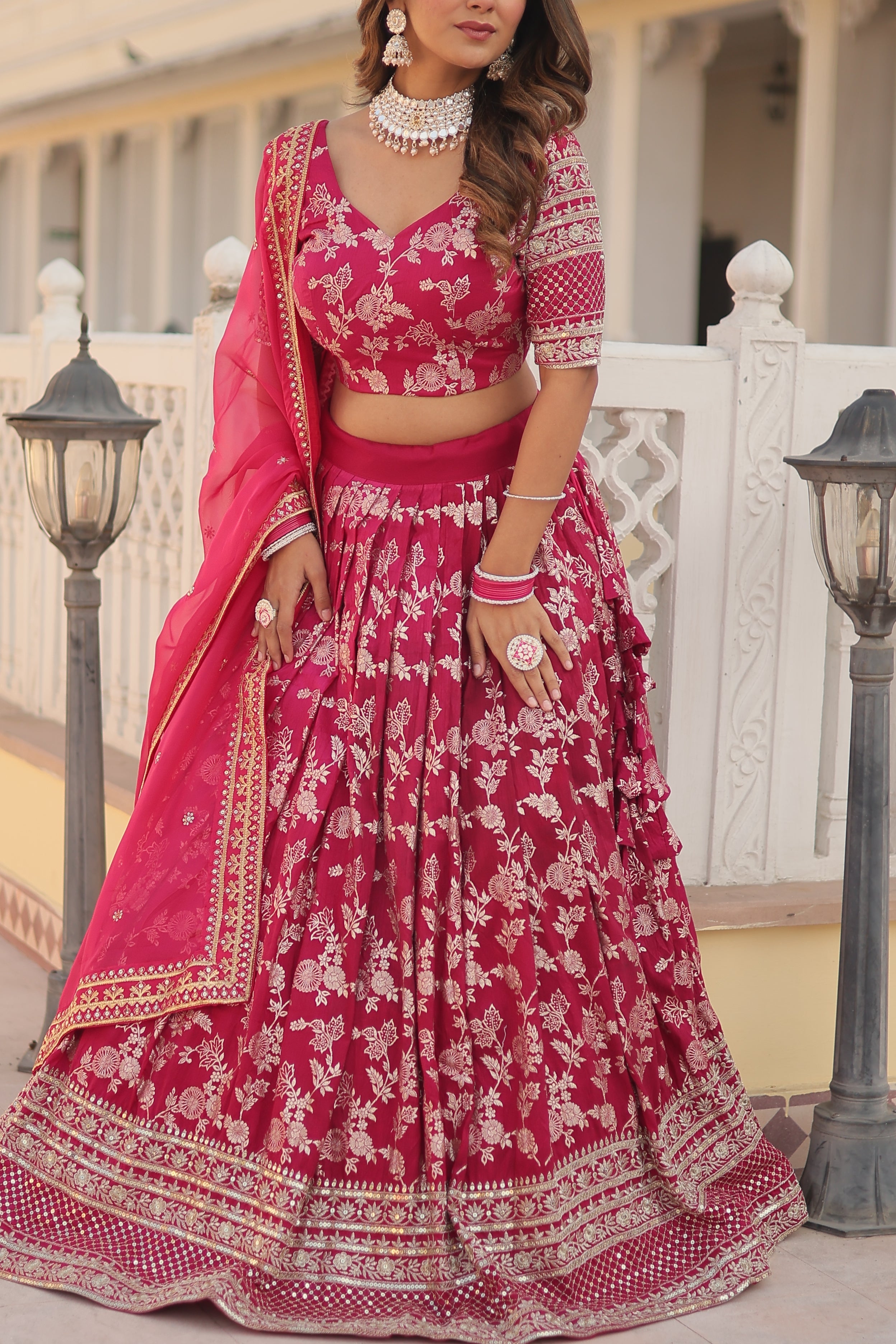 Pink Viscose Jacquard Sequins Embroidered Lehenga Choli