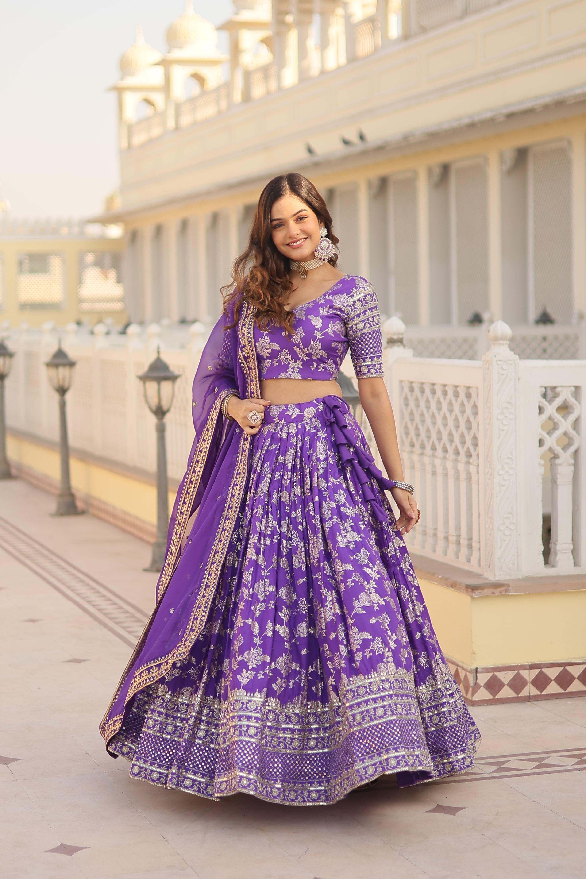 Purple Viscose Jacquard Sequins Embroidered Lehenga Choli