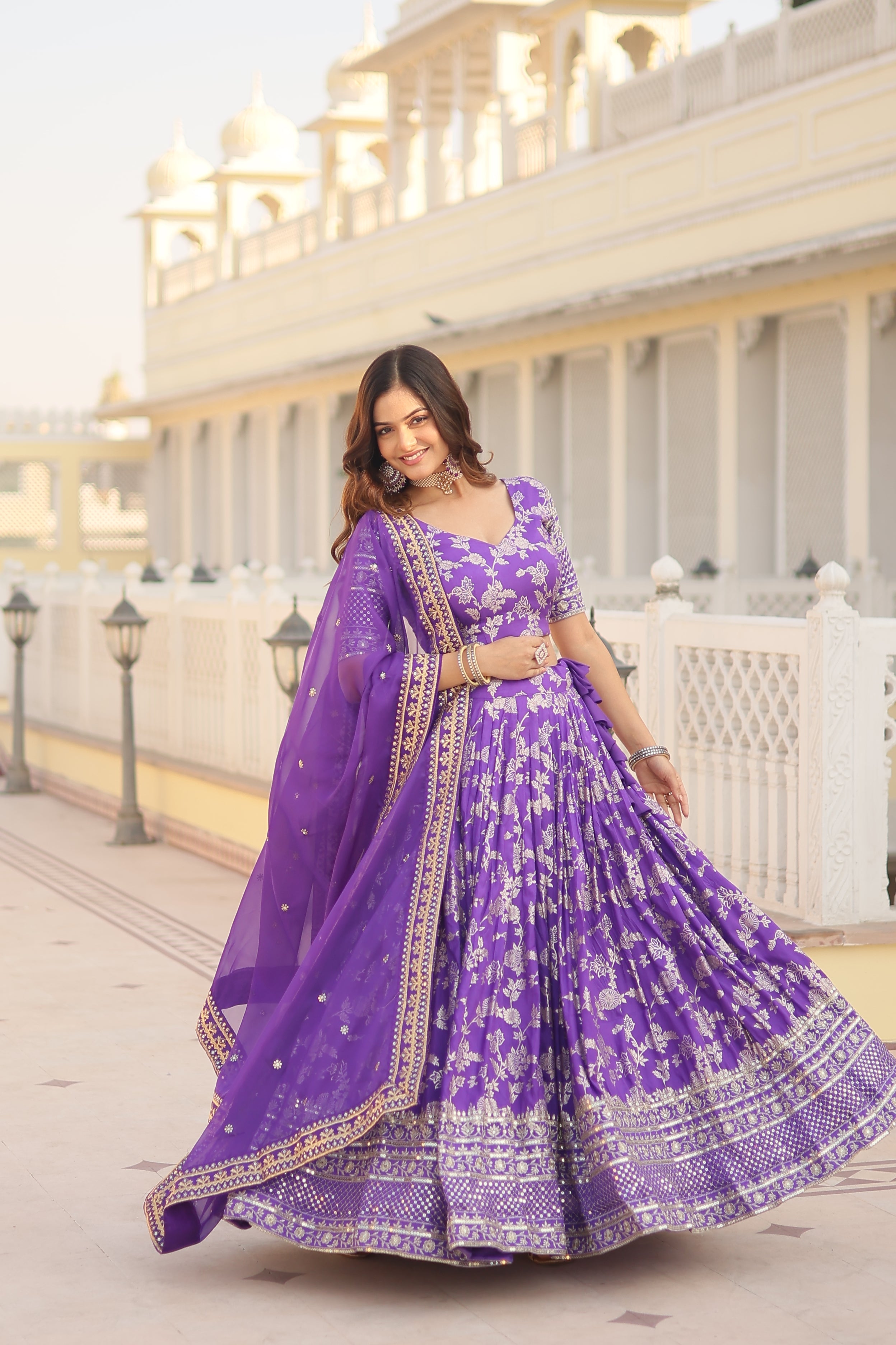 Purple Viscose Jacquard Sequins Embroidered Lehenga Choli