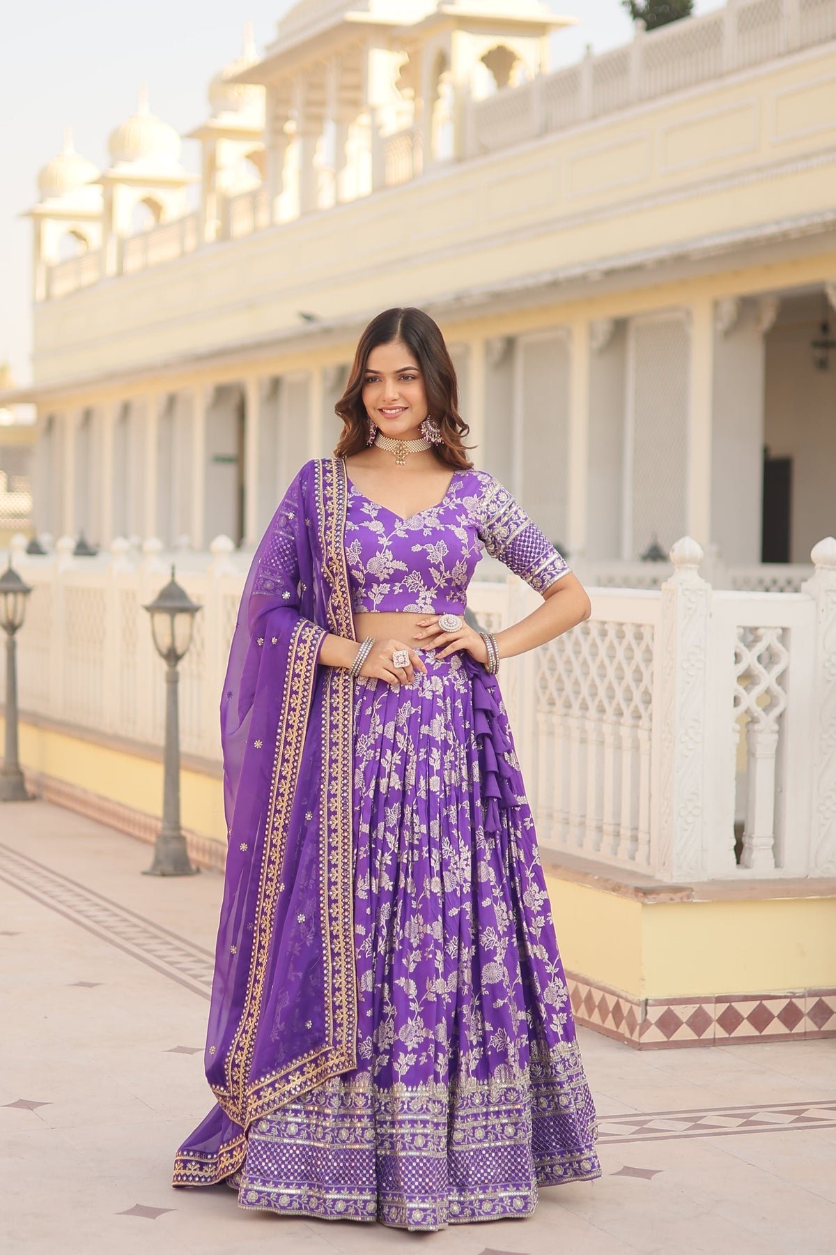 Purple Viscose Jacquard Sequins Embroidered Lehenga Choli