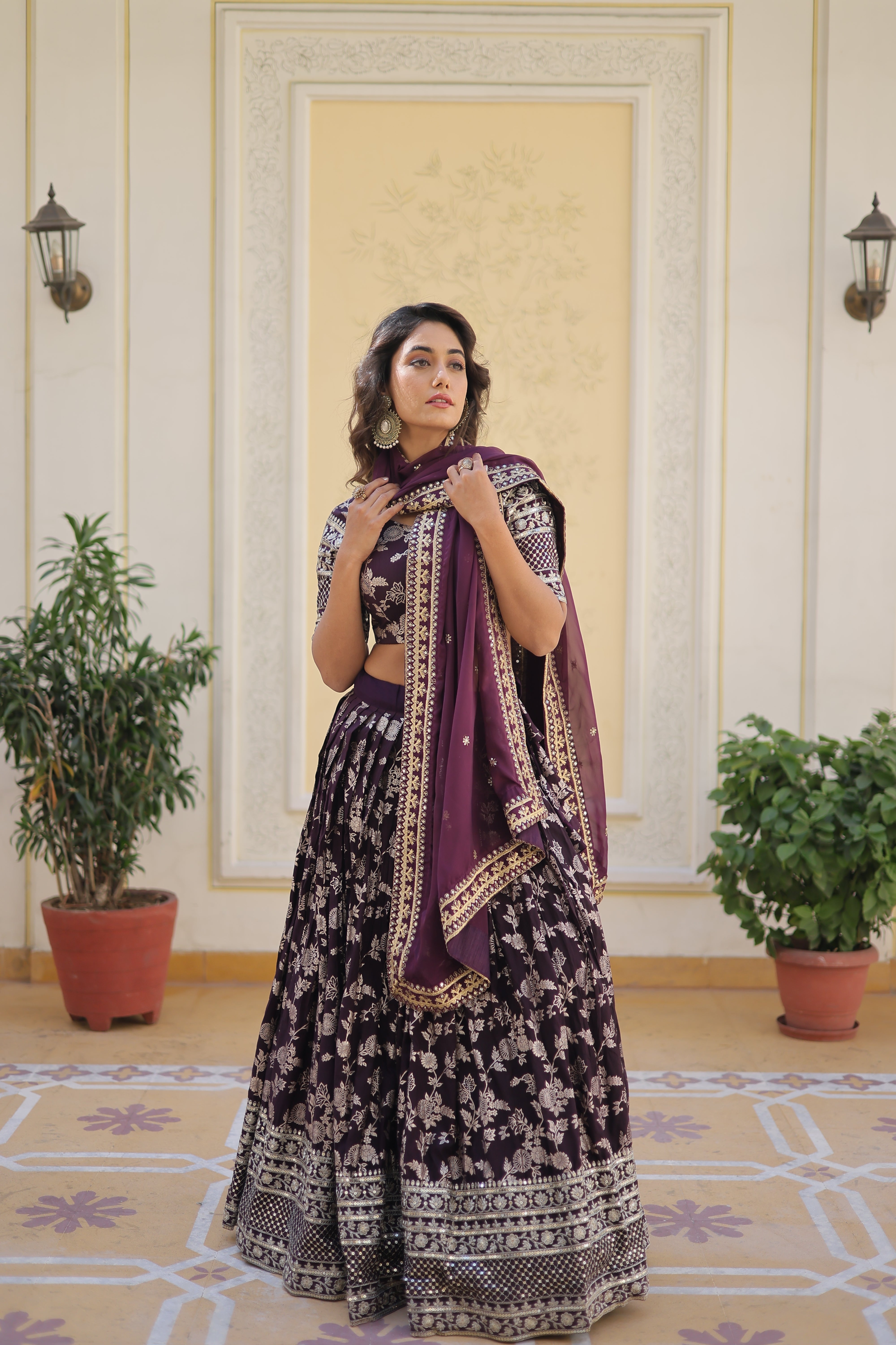 Wine Viscose Jacquard Sequins Embroidered Lehenga Choli