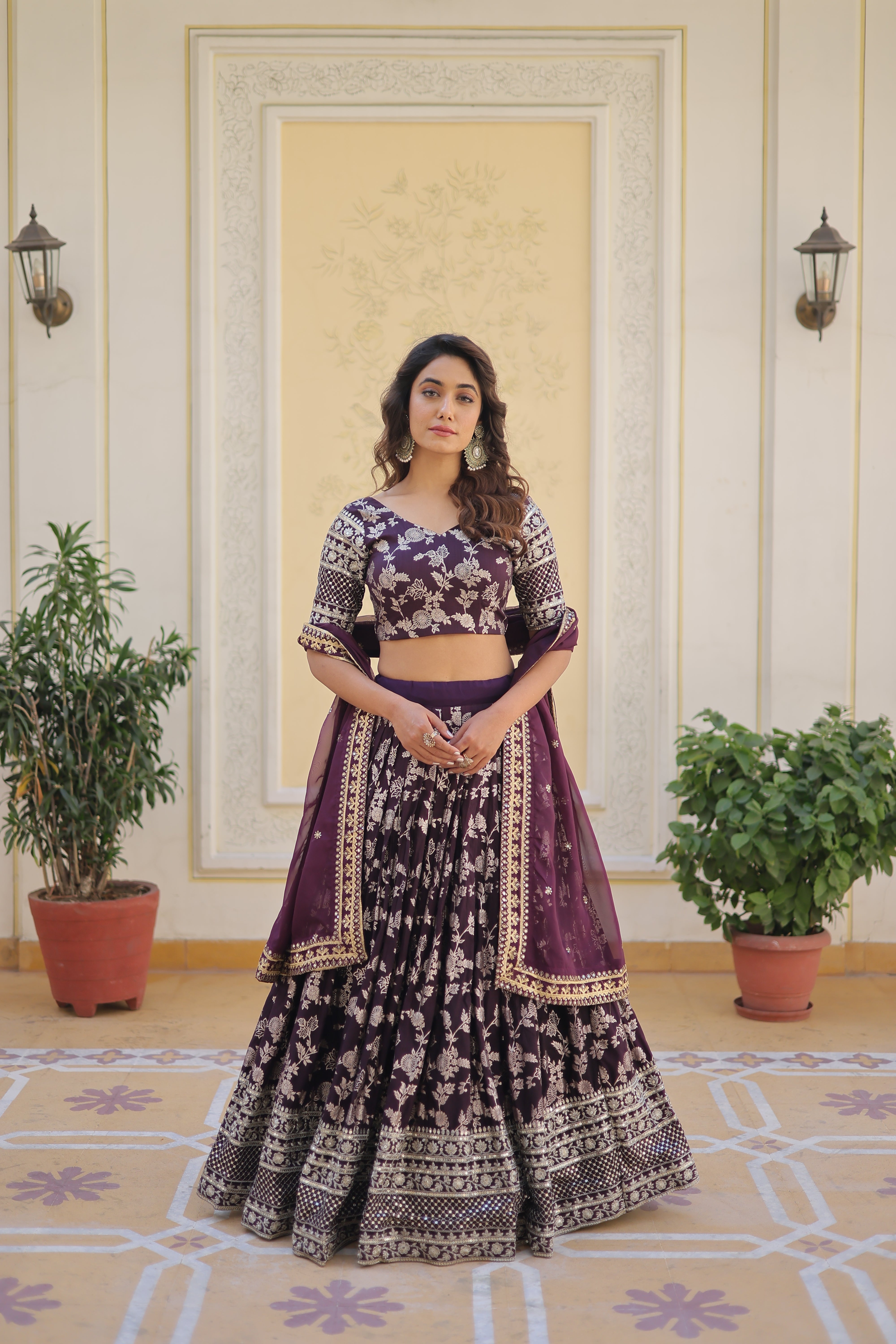 Wine Viscose Jacquard Sequins Embroidered Lehenga Choli