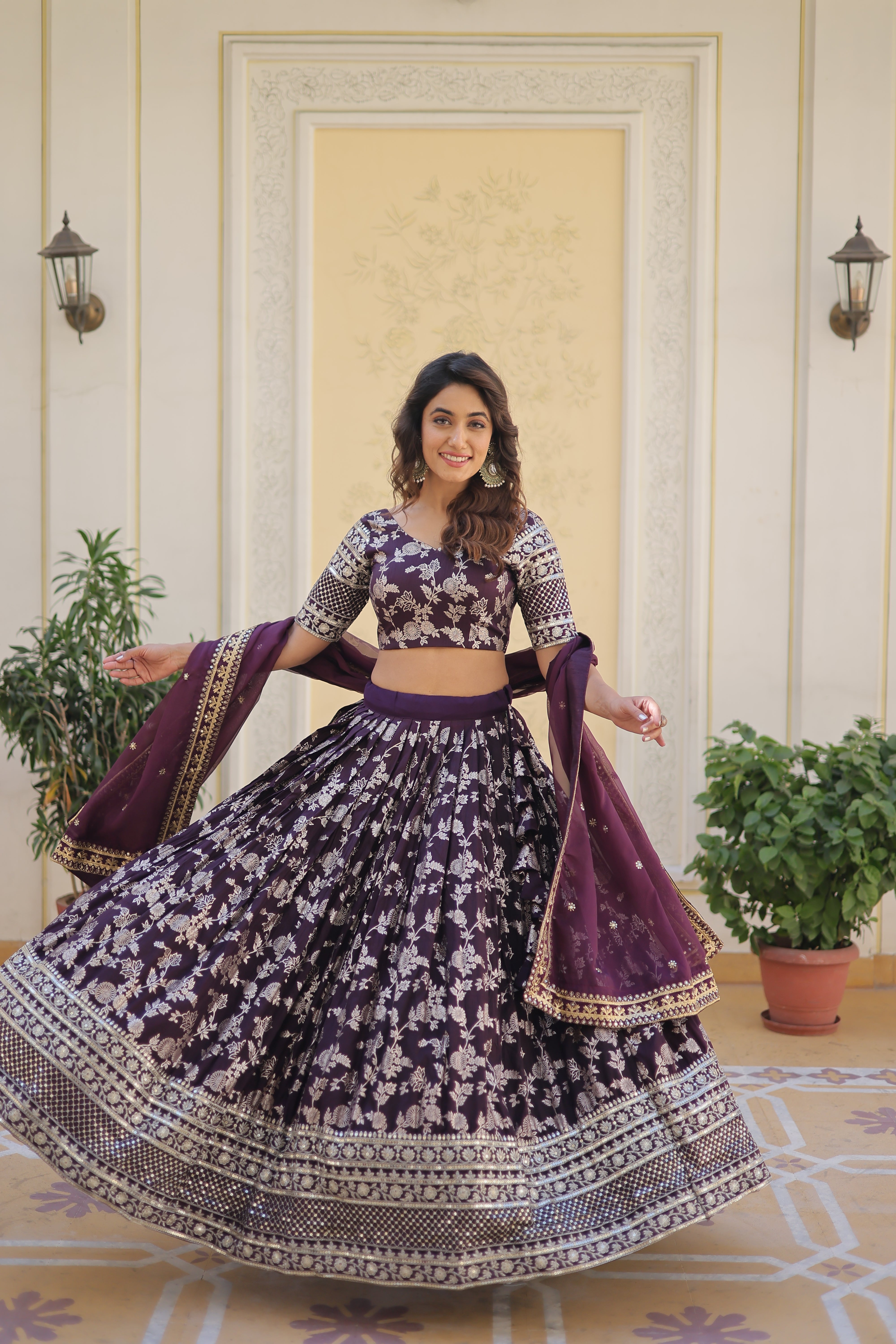 Wine Viscose Jacquard Sequins Embroidered Lehenga Choli