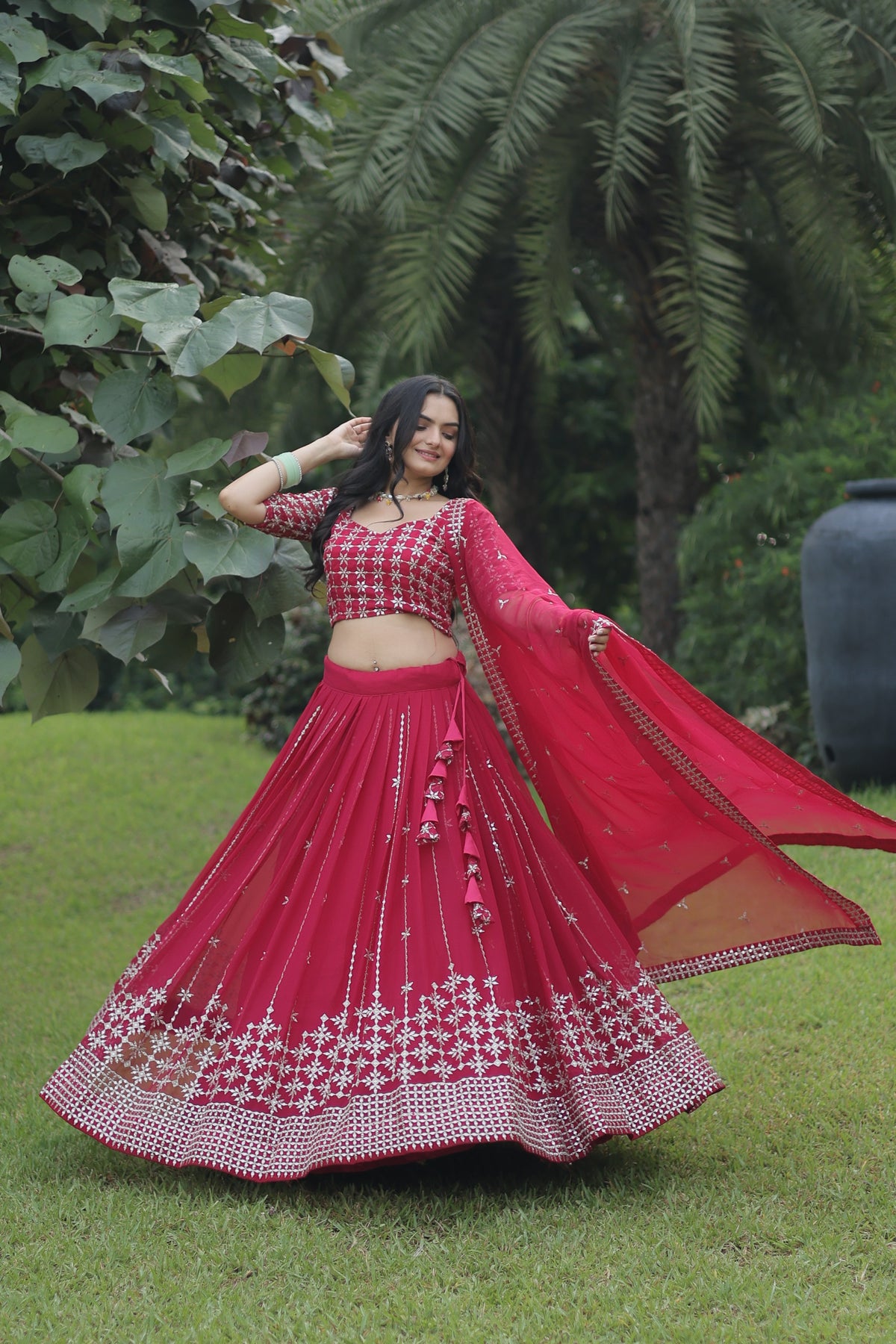 Pink Faux Georgette Sequins Embroidered Lehenga Choli