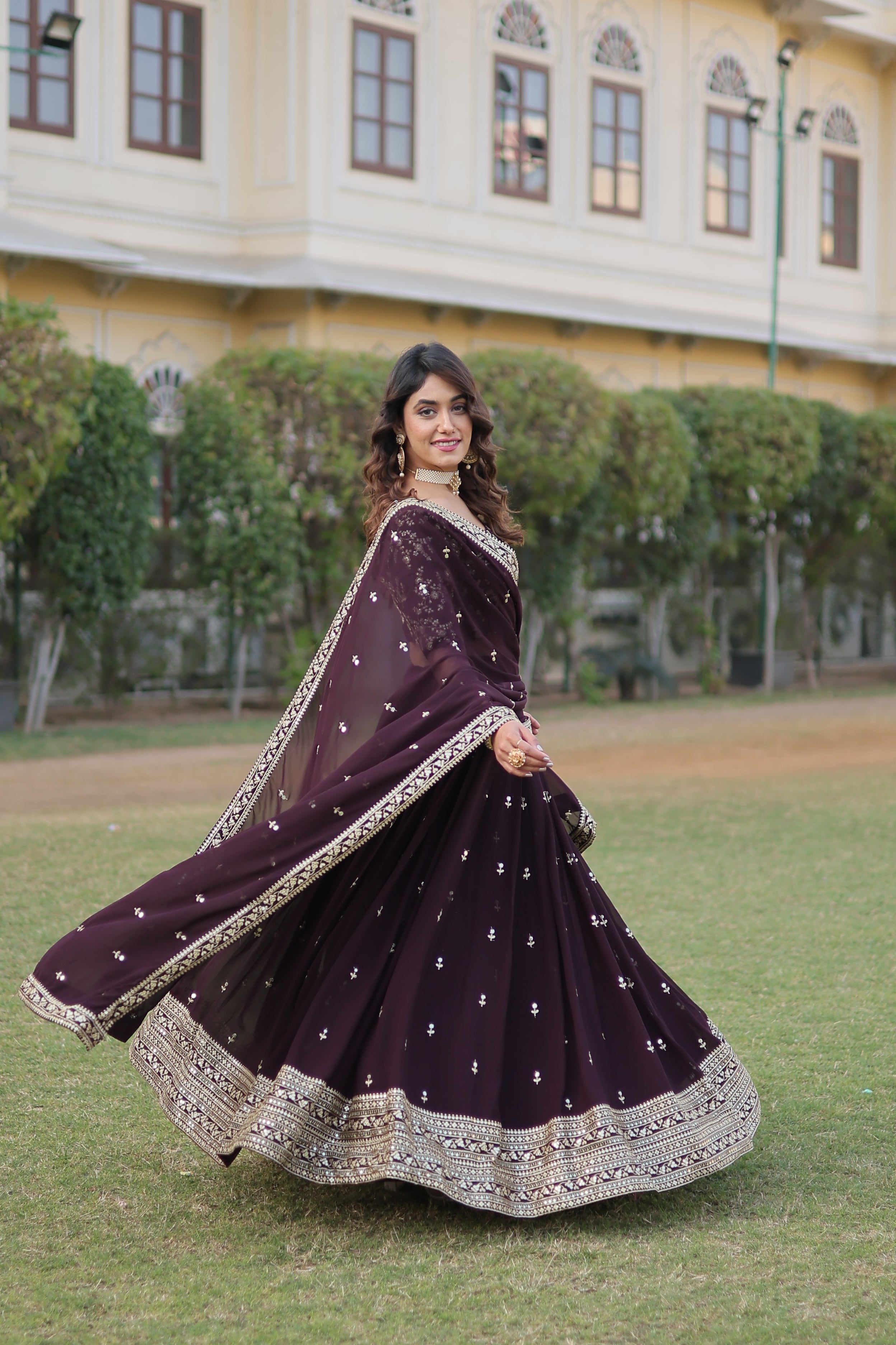 Wine Faux Georgette Sequins Embroidered Lehenga Choli