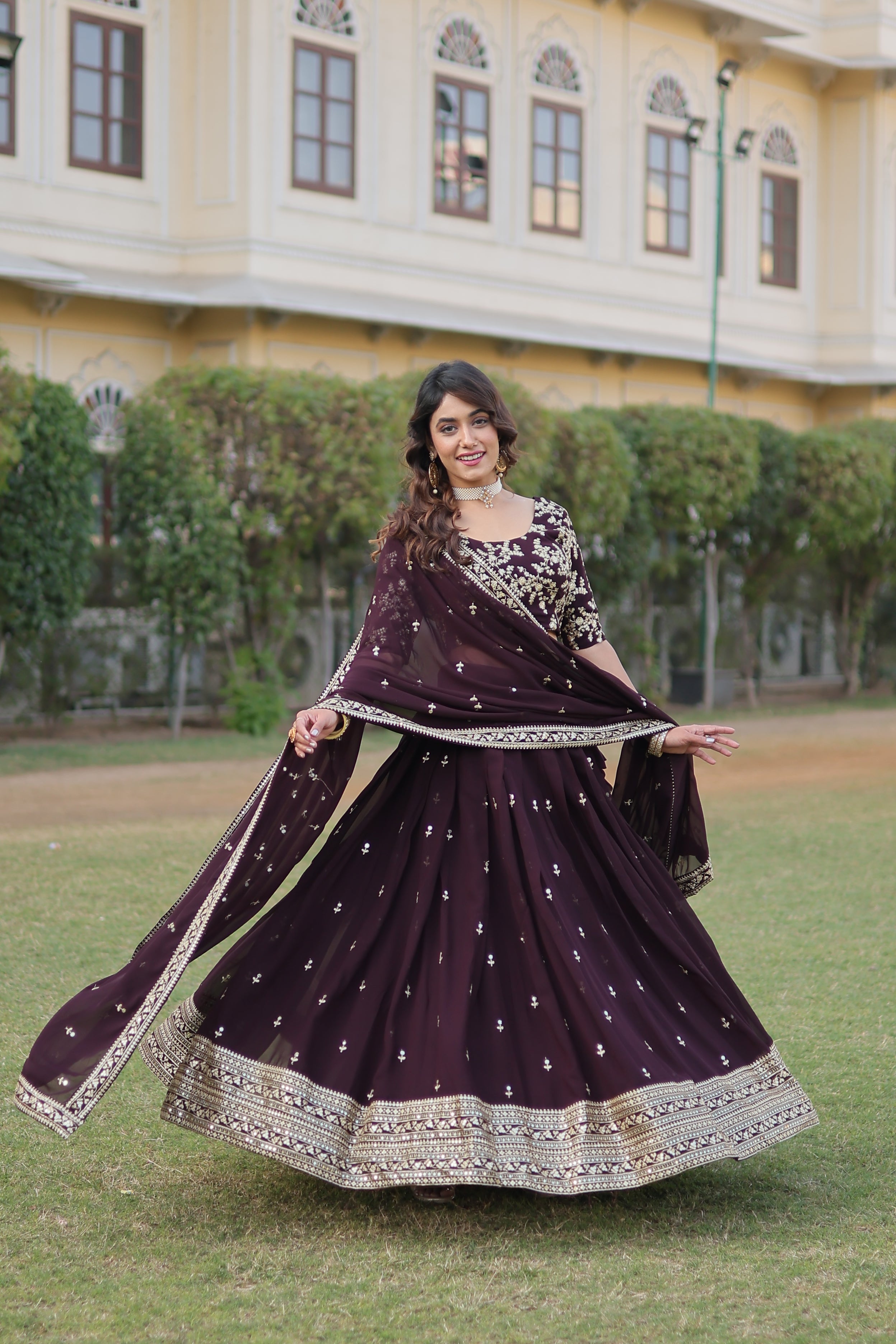 Wine Faux Georgette Sequins Embroidered Lehenga Choli