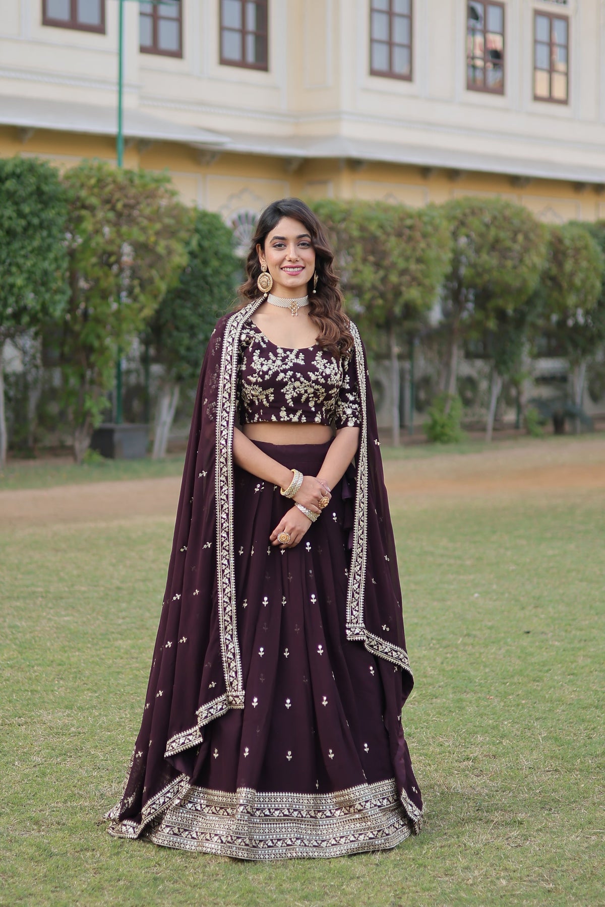 Wine Faux Georgette Sequins Embroidered Lehenga Choli