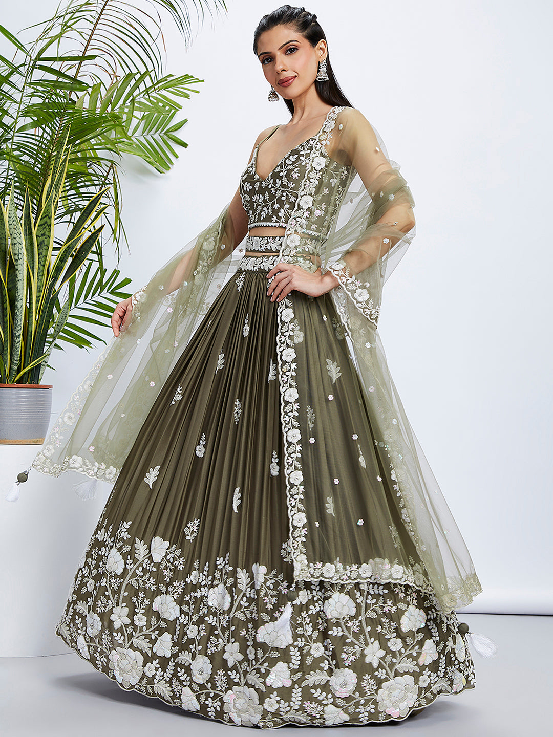 Olive Georgette Sequins Embroidered Lehenga Choli