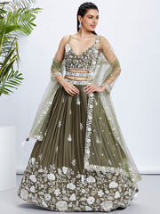 Olive Georgette Sequins Embroidered Lehenga Choli