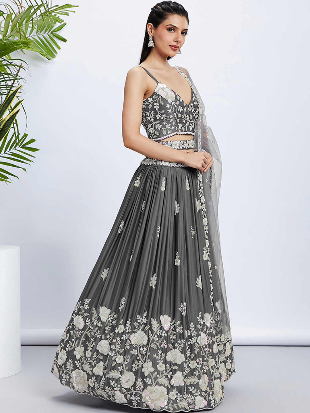 Grey Georgette Sequins Embroidered Lehenga Choli