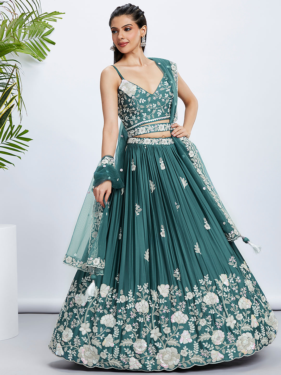 Turquoise Georgette Sequins Embroidered Lehenga Choli