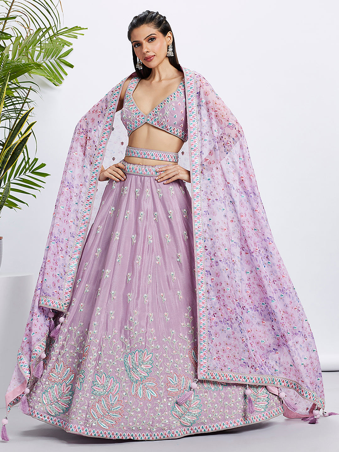 Lavender Chiffon Sequins Embroidered Lehenga Choli