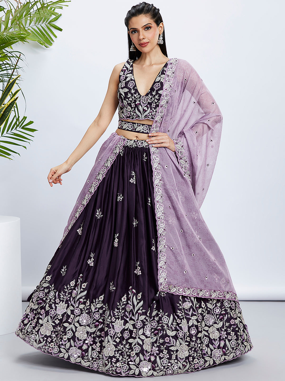 Purple Raw Silk Sequins Embroidered Lehenga Choli