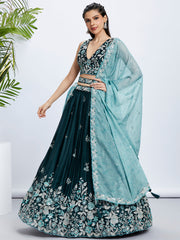 Teal Raw Silk Sequins Embroidered Lehenga Choli