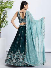 Teal Raw Silk Sequins Embroidered Lehenga Choli