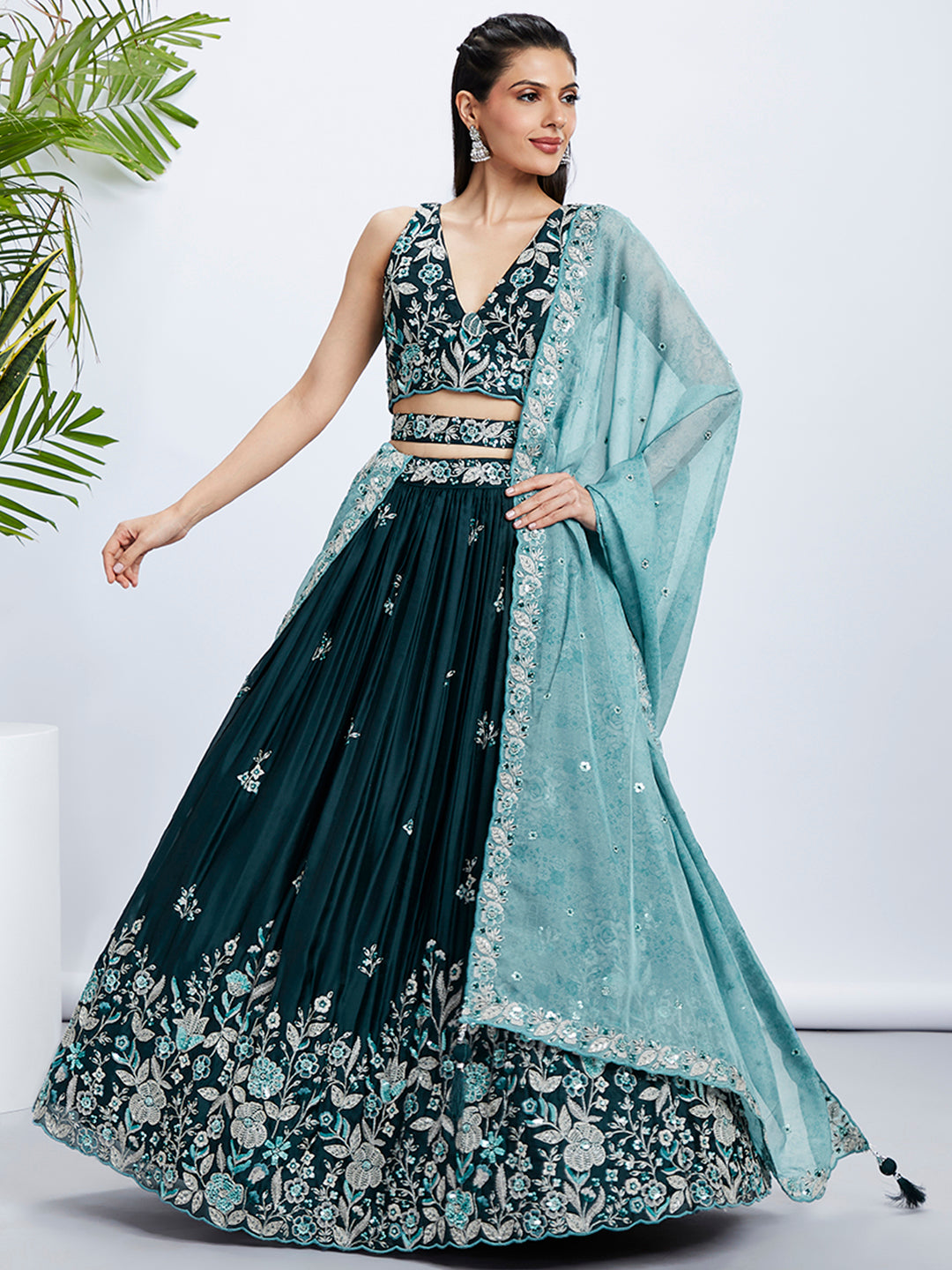 Teal Raw Silk Sequins Embroidered Lehenga Choli